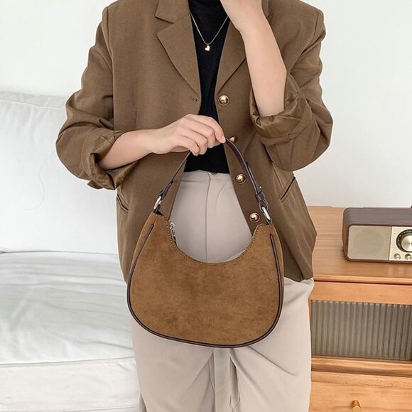Chic Coffee Suede Cloud Crescent Hobo Bag - Effortless Style & Versatility - Picture 2 of 7